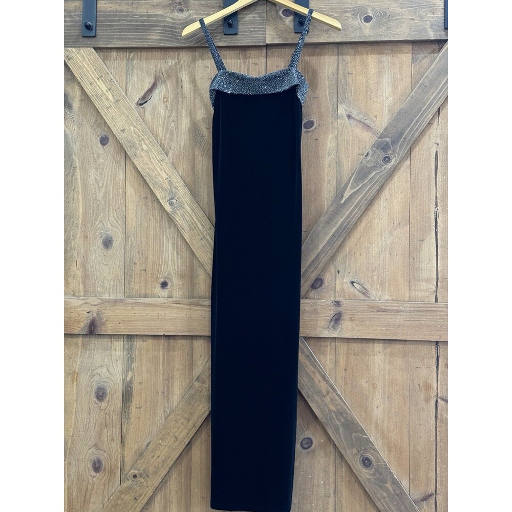 Vintage 90s Y2K JUMP Glitter Spaghetti Strap Velvet Maxi Party Black Dress 3/4